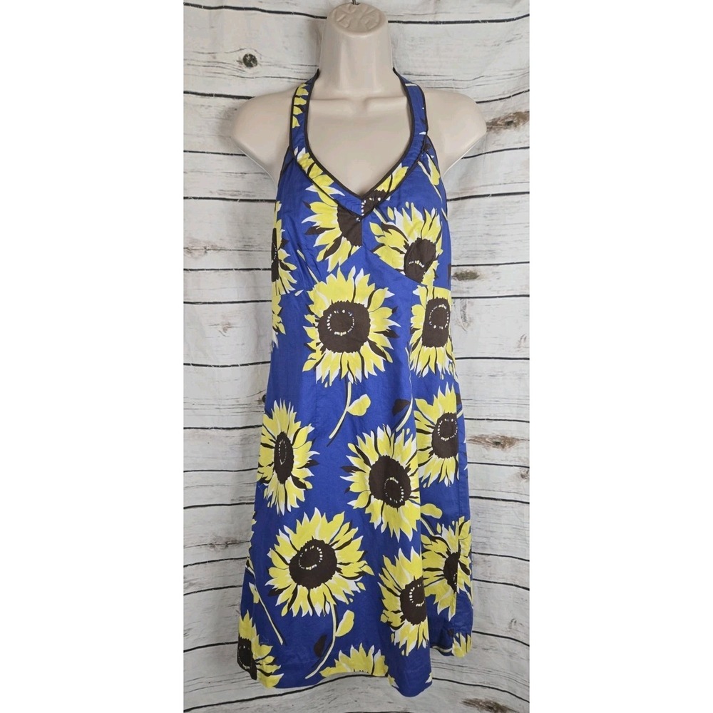 Boden Blue Sunflower Floral Halter Dress US 8 Womens 100% Cotton